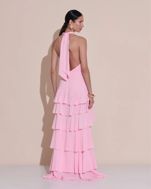 Vestido De Festa Longo Frente Única Degagê Crepe Chiffon Babados Mullet Rosa Claro