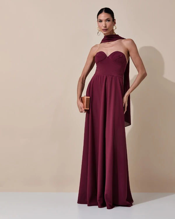 Vestido de Festa Longo Tomara que Caia Crepe Chiffon Decote Coração Lenço Marsala