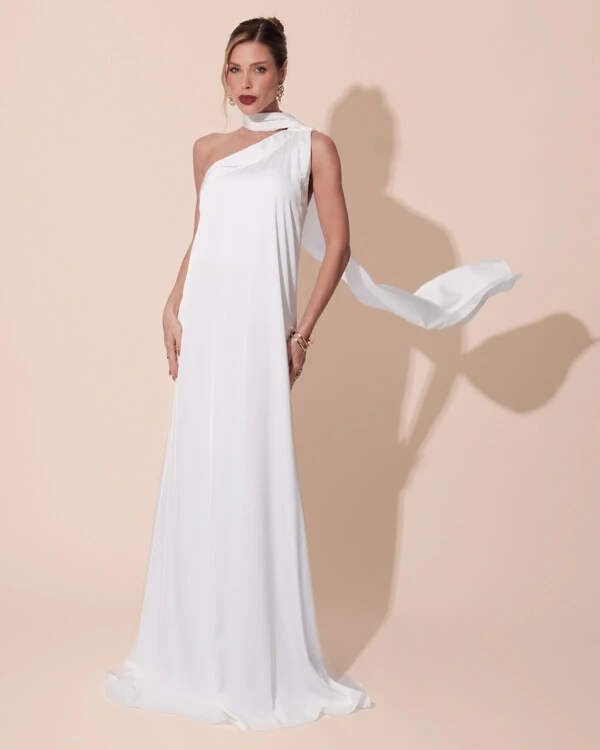 Vestido de Festa Longo Cetim Fluido Um Ombro Só Branco
