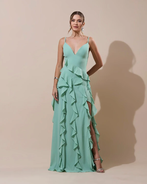 Vestido de Festa Longo Decote V Crepe Chiffon Babados Cascata e Fenda Verde Menta