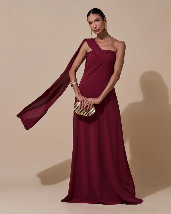 Vestido de Festa Longo Tomara que Caia Crepe Chiffon Lenço Drapeado Costas Trançada Marsala New