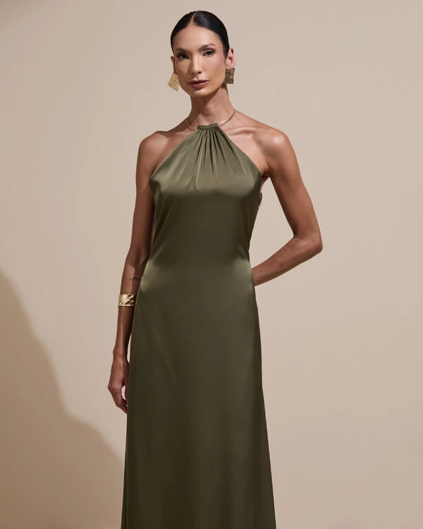 Vestido de Festa Longo Cetim Fluido com Argola Frente Única Verde Oliva