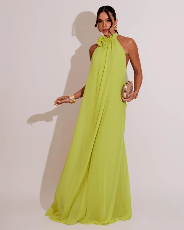 Vestido Longo Crepe Frente Única Fluido Flor Removível Verde Lima