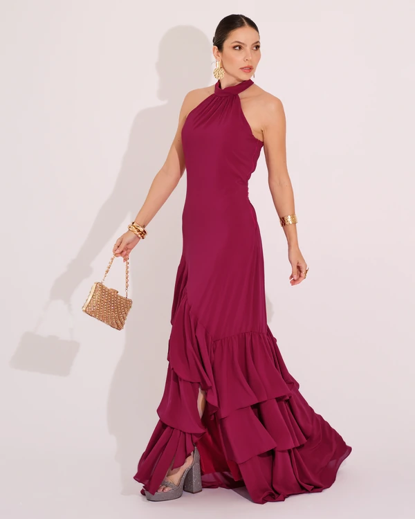 Vestido de Festa Longo Decote Halter com Babados Cereja