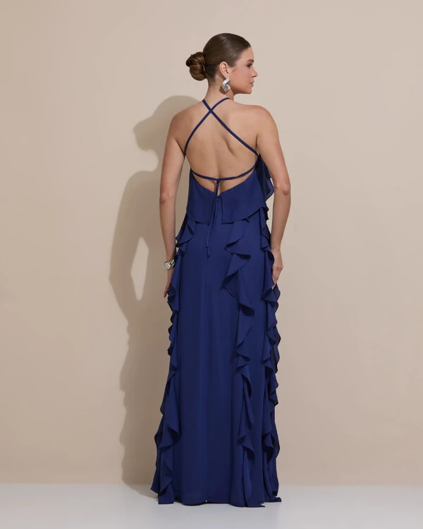 Vestido de Festa Longo Crepe Chiffon Frente Única Babados Cascata e Flor Azul Marinho