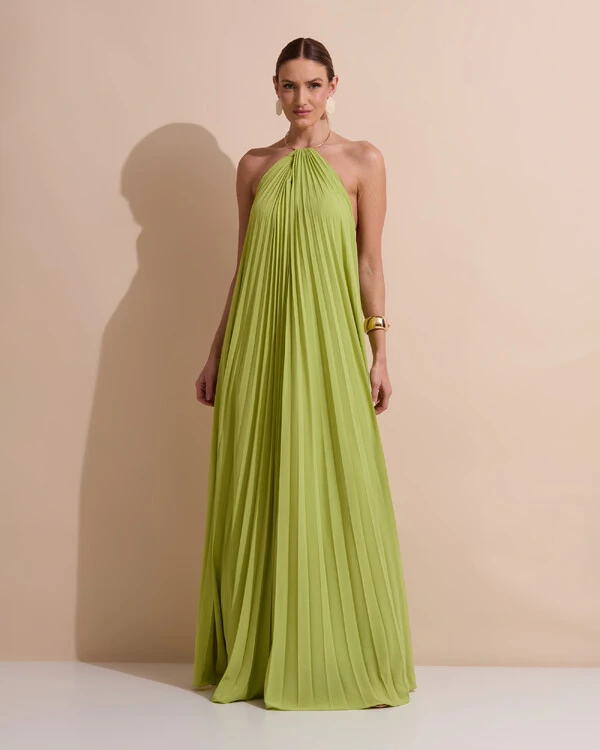 Vestido de Festa Longo Frente Única Plissado Crepe Chiffon Argola Verde Garden