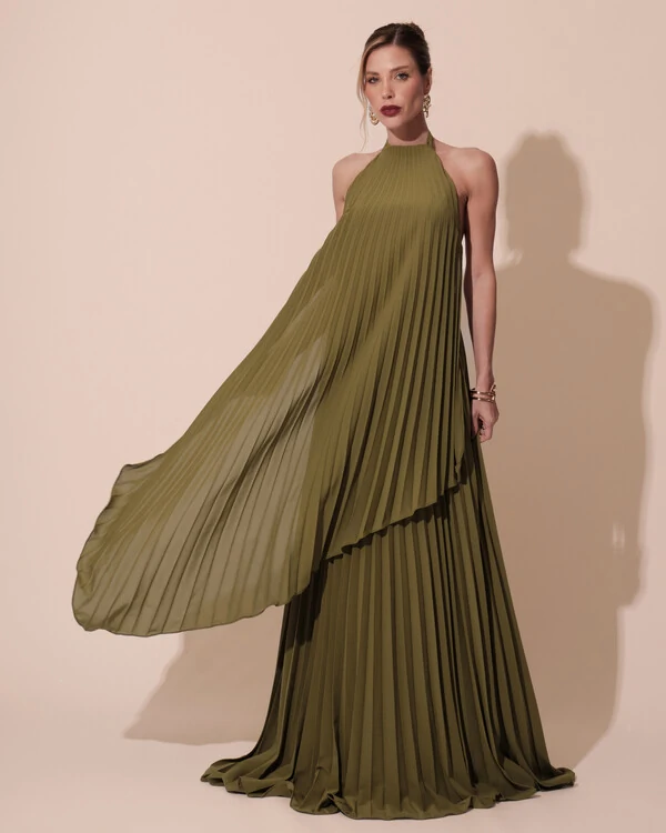 Vestidos de Festa Longo Chiffon Fluido Frente Única Plissado Duplo Verde Oliva New