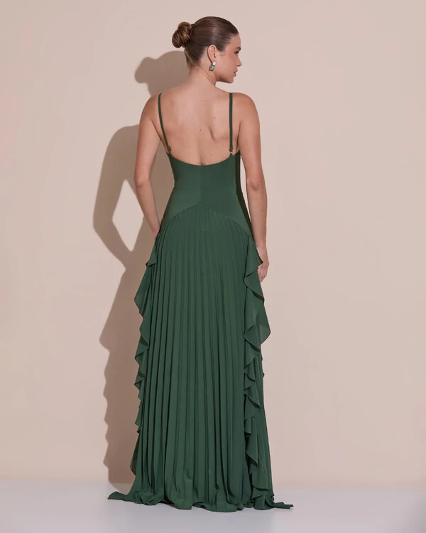 Vestido de Festa Longo Crepe Chiffon Alça Fina Saia Plissada com Babado Cascata Verde Escuro New
