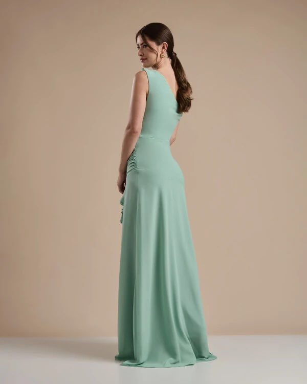 Vestido de Festa Longo Crepe Chiffon Um Ombro Só Drapeado com Babado Verde Menta