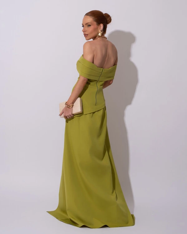 Vestido de Festa Longo Alfaiataria Ombro a Ombro Drapeado com Fenda Verde Pistache