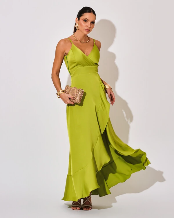 Vestido Midi Babado Acetinado Verde Lima