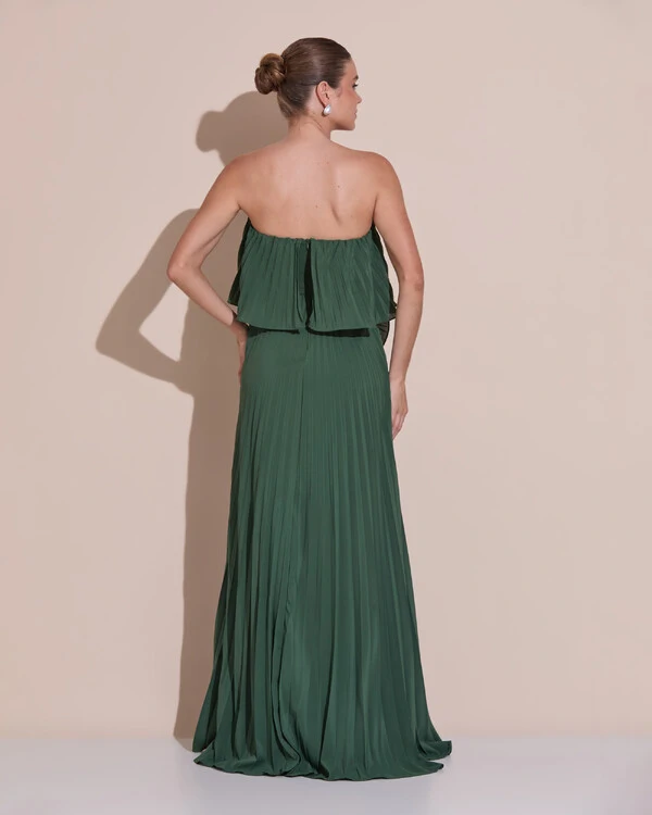 Vestido de Festa Longo Crepe Chiffon Tomara que Caia Plissado com Babado Cascata Verde Escuro New