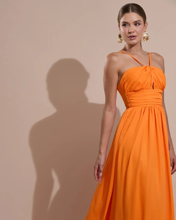 Vestido de Festa Longo Crepe Chiffon Drapeado com Alças Finas Laranja