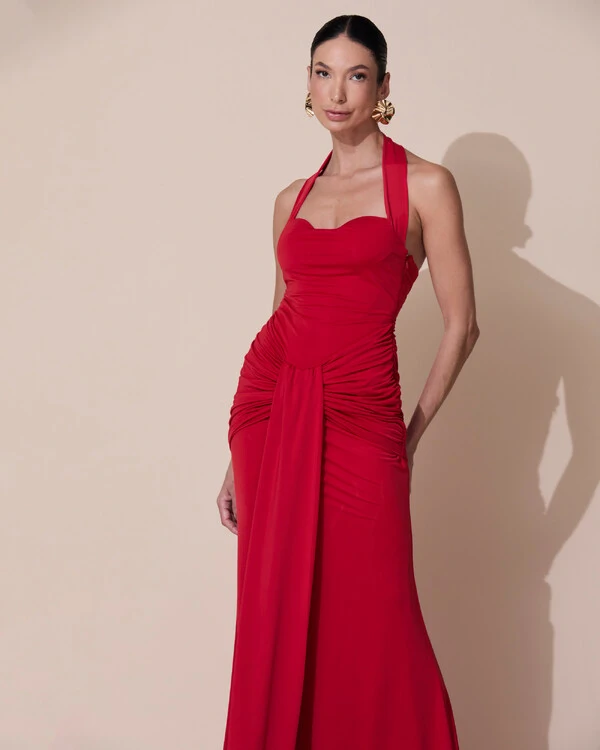 Vestido de Festa Longo Decote Coração Malha Jersey Drapeado Costas Trançada Vermelho