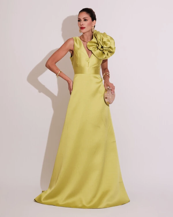 Vestido de Festa longo Zibeline Flor Verde Lima