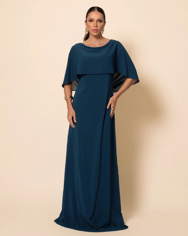 Vestido de Festa Longo Crepe Chiffon com Capa e Degagê nas Costas Verde Escuro