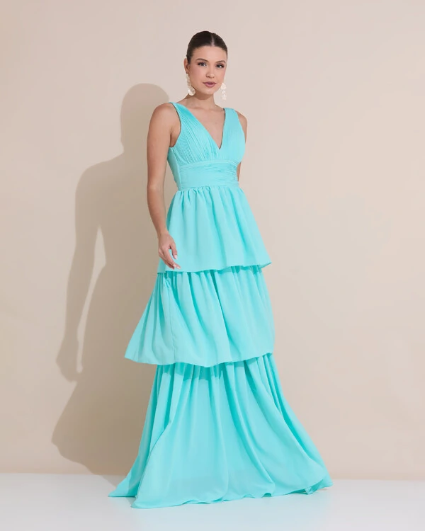 Vestido de Festa Longo Decote V Crepe Chiffon Plissado Camadas Babado Tiffany