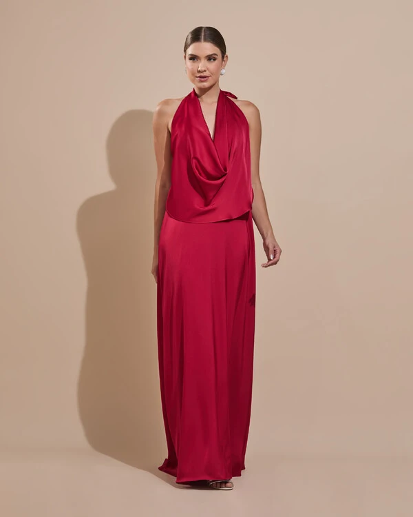 Vestido de Festa Longo Cetim Fluido Frente Única Degagê Mil Formas Marsala