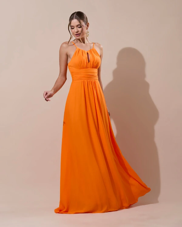 Vestido de Festa Longo Crepe Chiffon Drapeado com Alças e Saia Fluida Laranja
