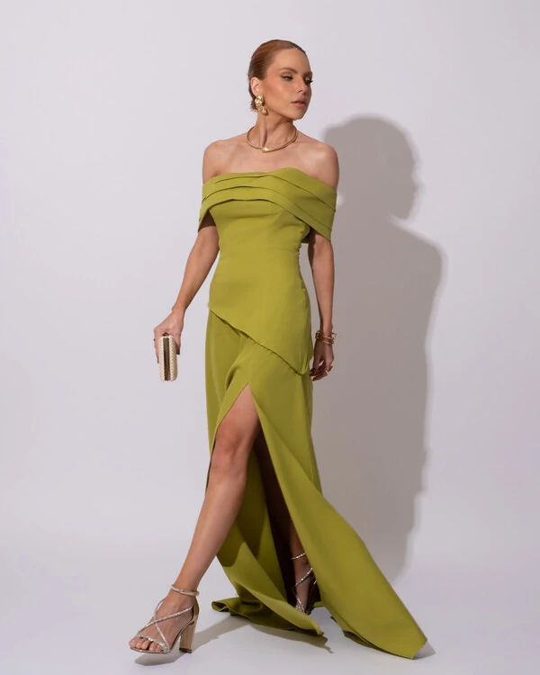 Vestido de Festa Longo Alfaiataria Ombro a Ombro Drapeado com Fenda Verde Pistache