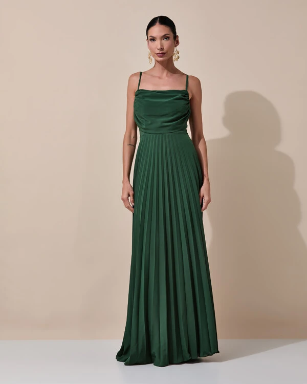 Vestido de Festa Longo Crepe Chiffon Plissado Trançado e Lenço Verde Escuro New