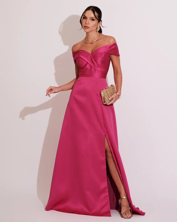 Vestido de Festa Longo Zibeline Ombro a Ombro com Fenda Pink