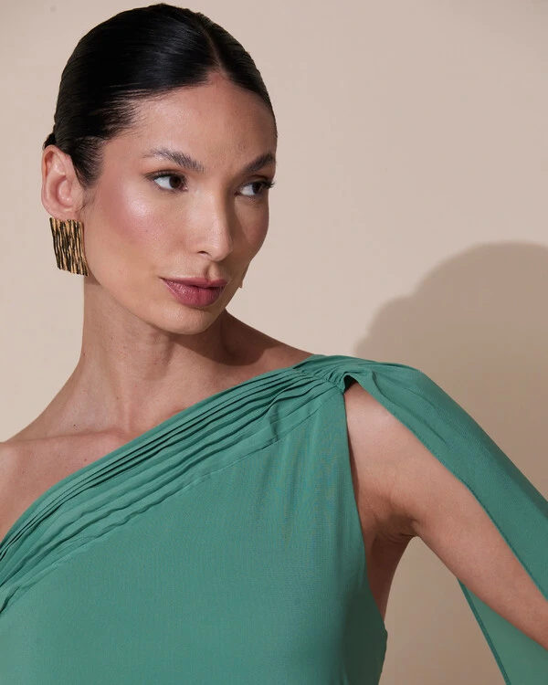 Vestido de Festa Longo Crepe Chiffon Um Ombro Só Drapeado Verde Matcha Escuro