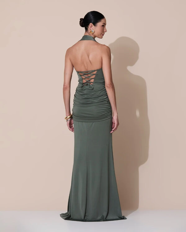 Vestido de Festa Longo Decote Coração Malha Jersey Drapeado Costas Trançada Verde Oliva