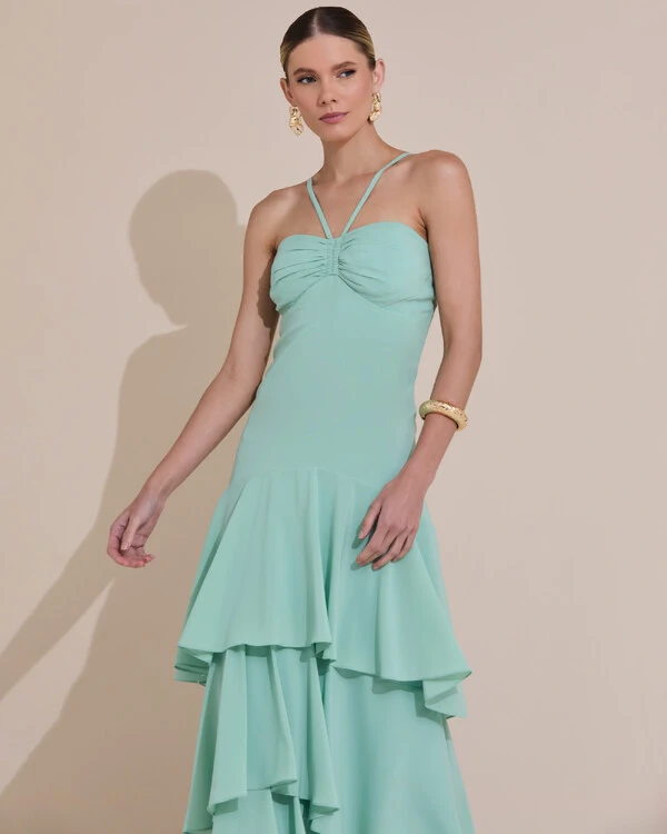 Vestido Longo Crepe com Babado em Camadas Verde Menta