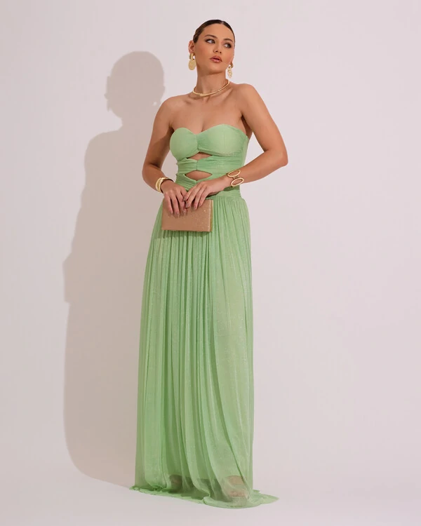 Vestido de Festa Longo Tule Brilho Tomara que Caia Recortes Verde Lima