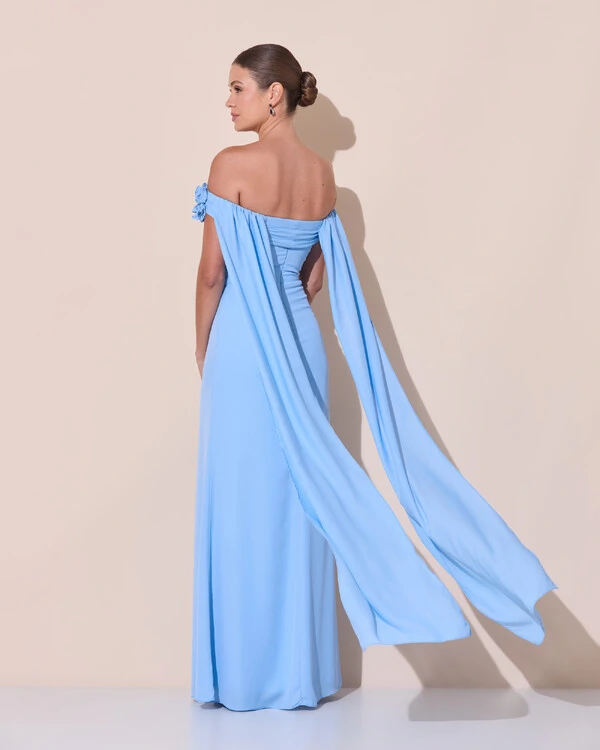Vestido de Festa Longo Ombro a Ombro Plissado Crepe Chiffon Capa Flor 3D Serenity