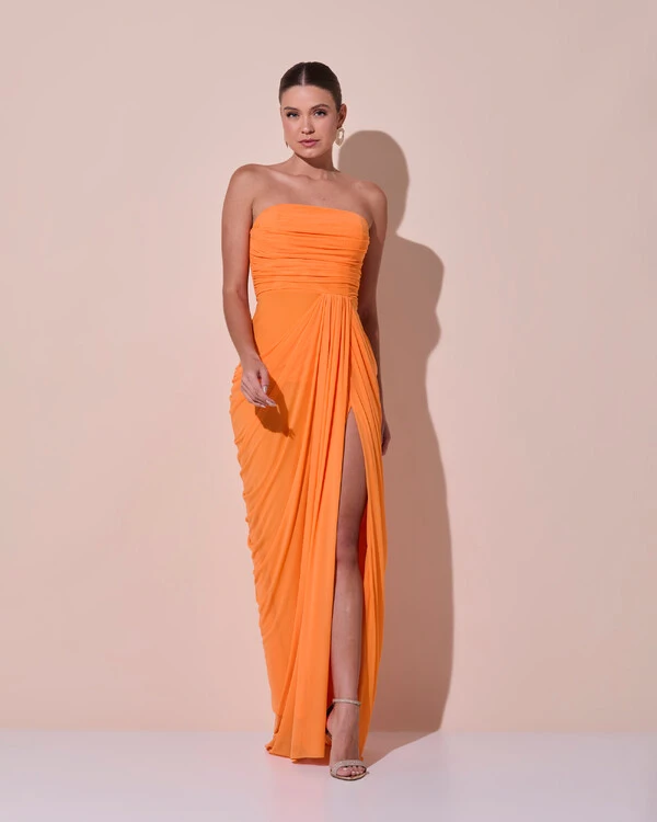 Vestido De Festa Longo Tomara que Caia Tule Drapeado Fenda Laranja New