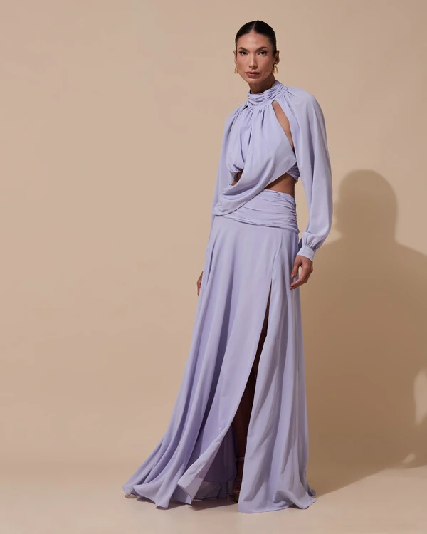 Vestido de Festa Longo Gola Alta Crepe Chiffon Recortes Drapeado Manga Longa Fenda Lilás Claro