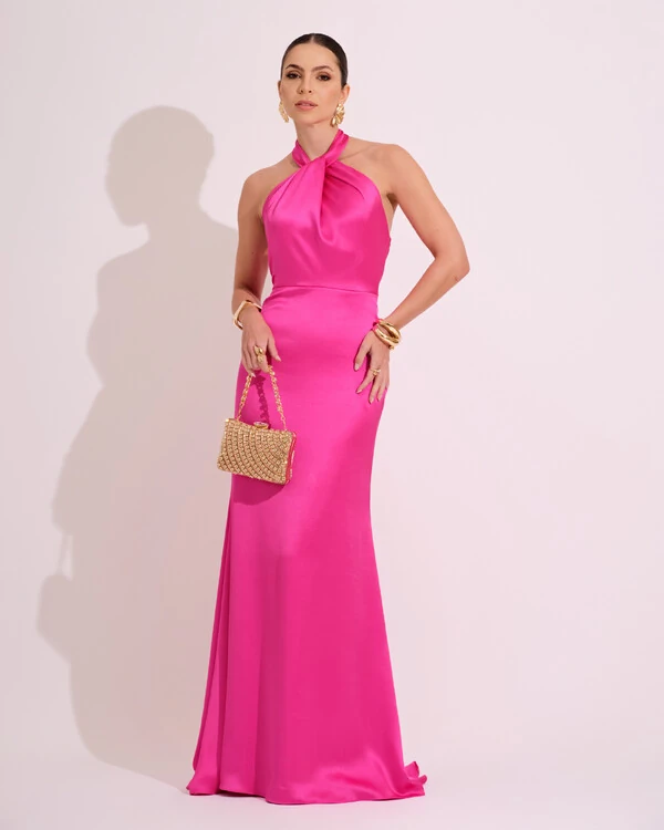 Vestido de Festa Longo em Cetim Alfaiataria com Elastano Frente Única Pink