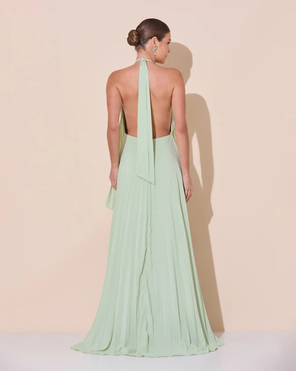 Vestidos de Festa Longo Chiffon Fluido Frente Única Plissado Duplo Verde Menta New