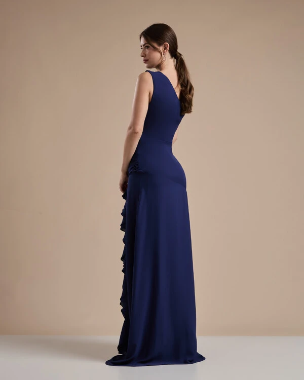 Vestido de Festa Longo Crepe Chiffon Um Ombro Só Drapeado com Babado Cascata Azul Marinho