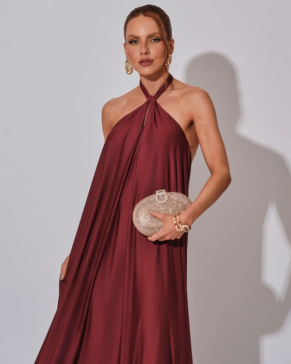 Vestido Longo com Amarração em Malha Marsala Escuro