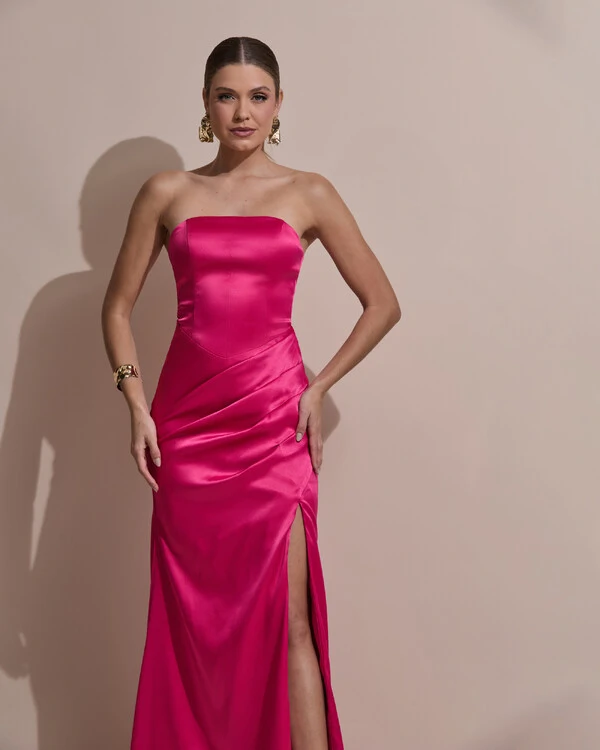 Vestido De Festa Longo Tomara Que Caia Drapeado Cetim Alfaiataria Trançado Costas Pink
