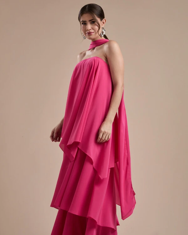 Vestido de Festa Longo Chiffon Crepe em Camadas com Lenço Pink New