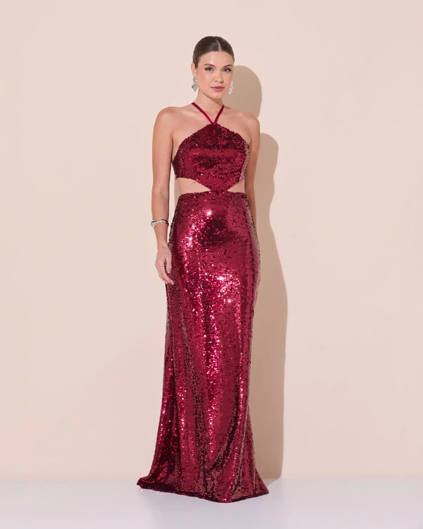 Vestido de Festa Longo Frente Única Paetê Recortes Costas Trançada Marsala