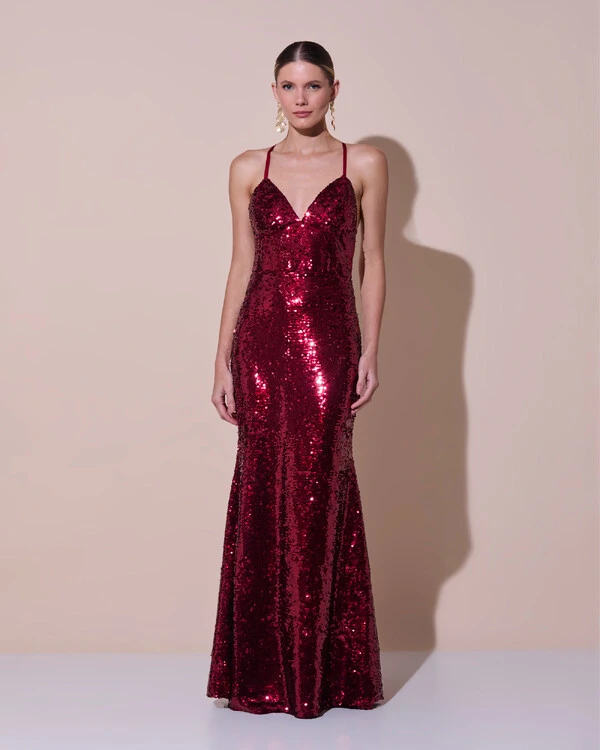 Vestido de Festa Longo Decote V Paetê Alças Finas Saia Sereia Marsala
