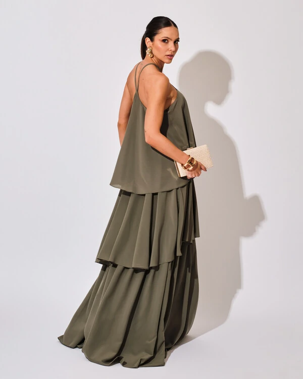 Vestido Longo Babado em Camadas Verde Oliva