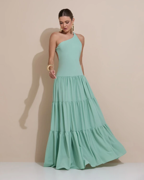 Vestido de Festa Longo Um ombro Só Crepe Chiffon Saia Fluida Verde Menta