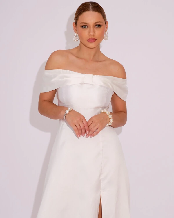 Vestido de Festa Longo Ombro a Ombro Laço Zibeline com Fenda Branco
