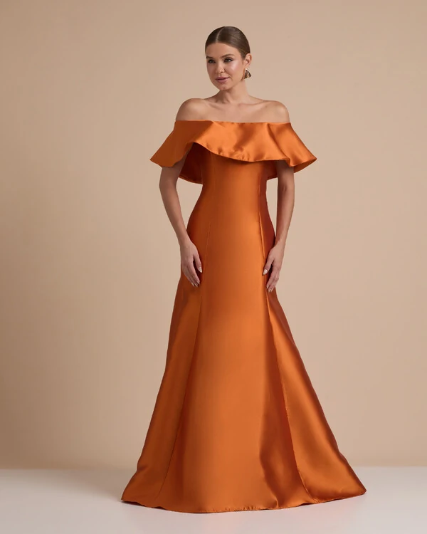 Vestido de Festa Longo Zibeline Ombro a Ombro com Babado Terracota