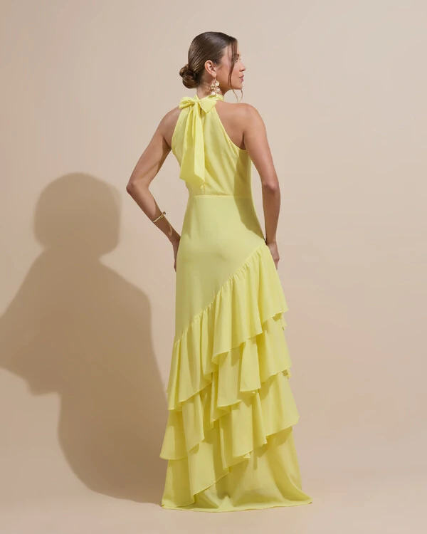 Vestido de Festa Longo Chiffon Crepe Gola Alta Babados Amarelo Manteiga