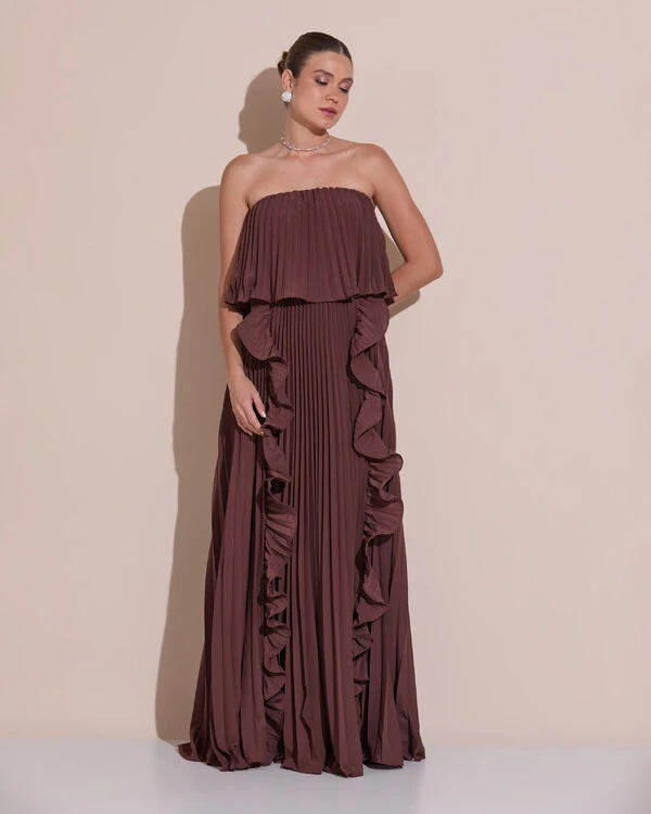 Vestido de Festa Longo Crepe Chiffon Tomara que Caia Plissado com Babado Cascata Marrom