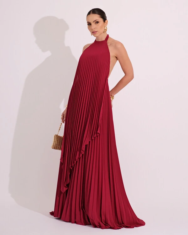 Vestidos de Festa Longo Chiffon Fluido Frente Única Plissado Duplo Cereja