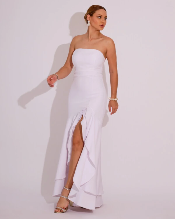 Vestido Longo com Fenda de Babados Alfaiataria Branco