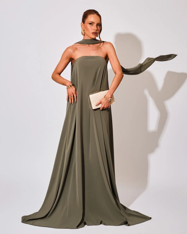 Vestido de Festa Longo Crepe Tomara que Caia com Lenço Verde Oliva